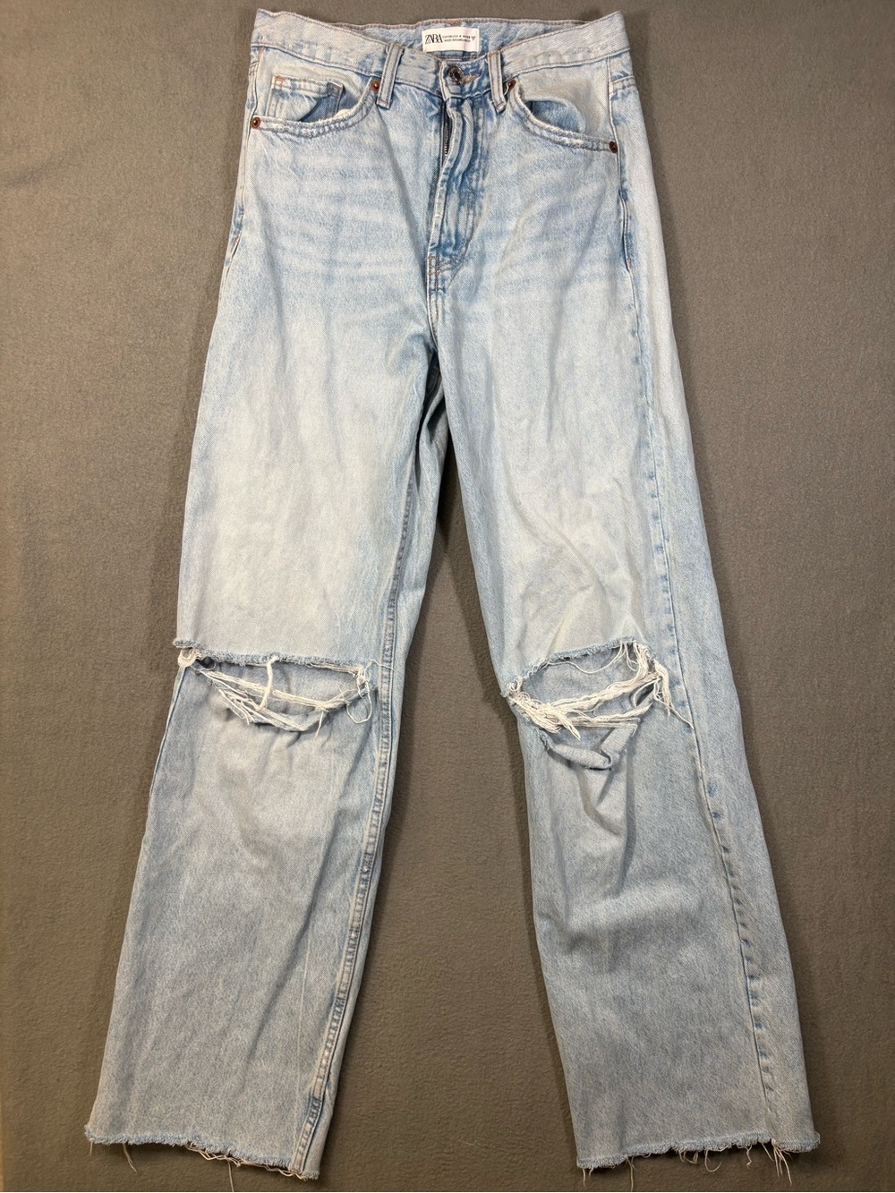 Zara High-rise Wide-leg Distressed Jeans Light Wash Size 4